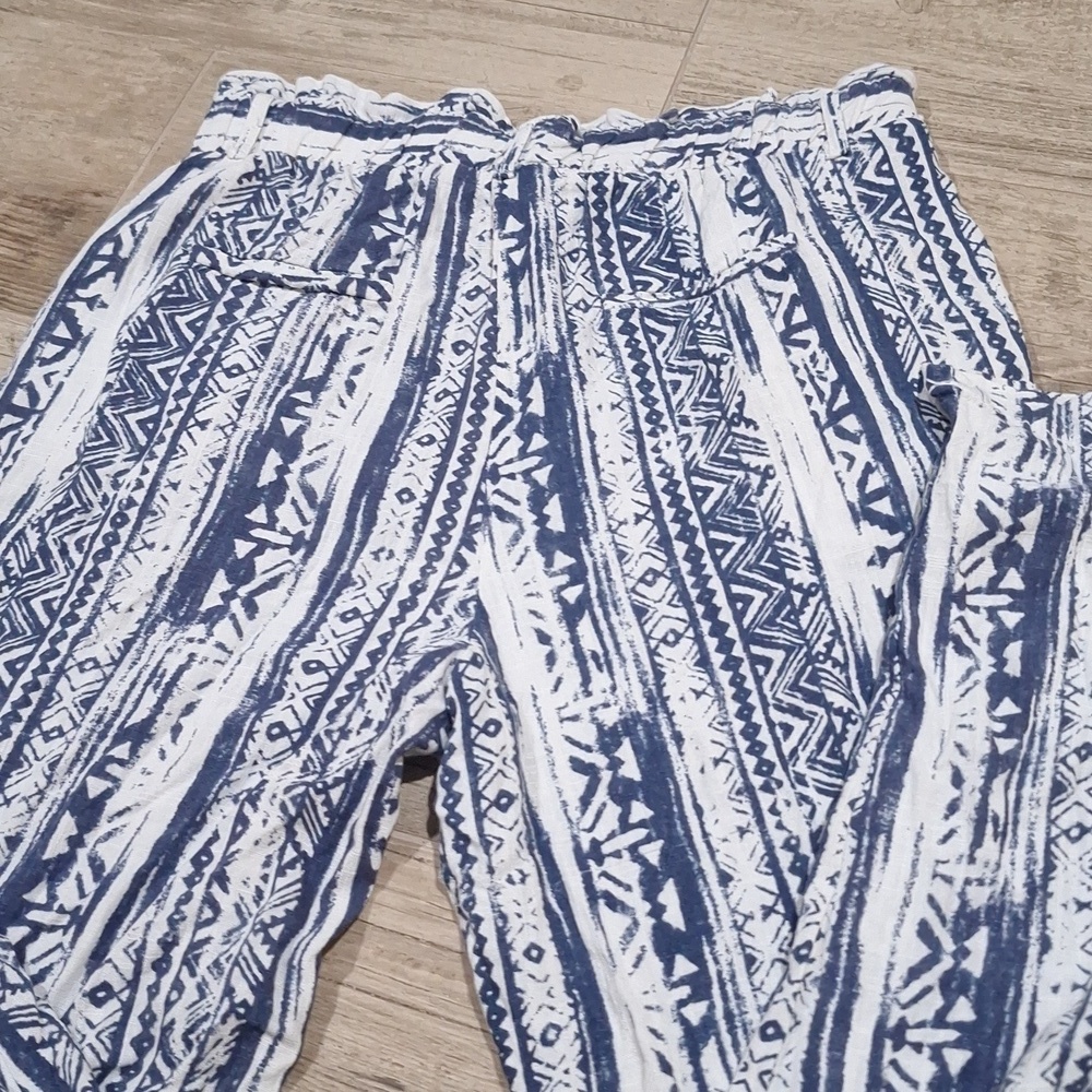 Cali 1850 Linen Blend Boho Paperbag Waist Pants Size M Blue White Print #1094 - Picture 7 of 8